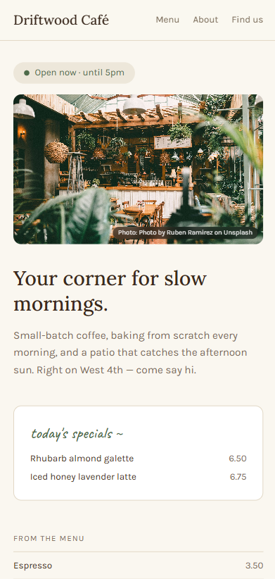 Driftwood Café homepage on a phone