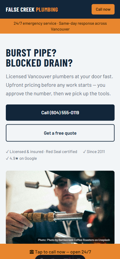 False Creek Plumbing homepage on a phone